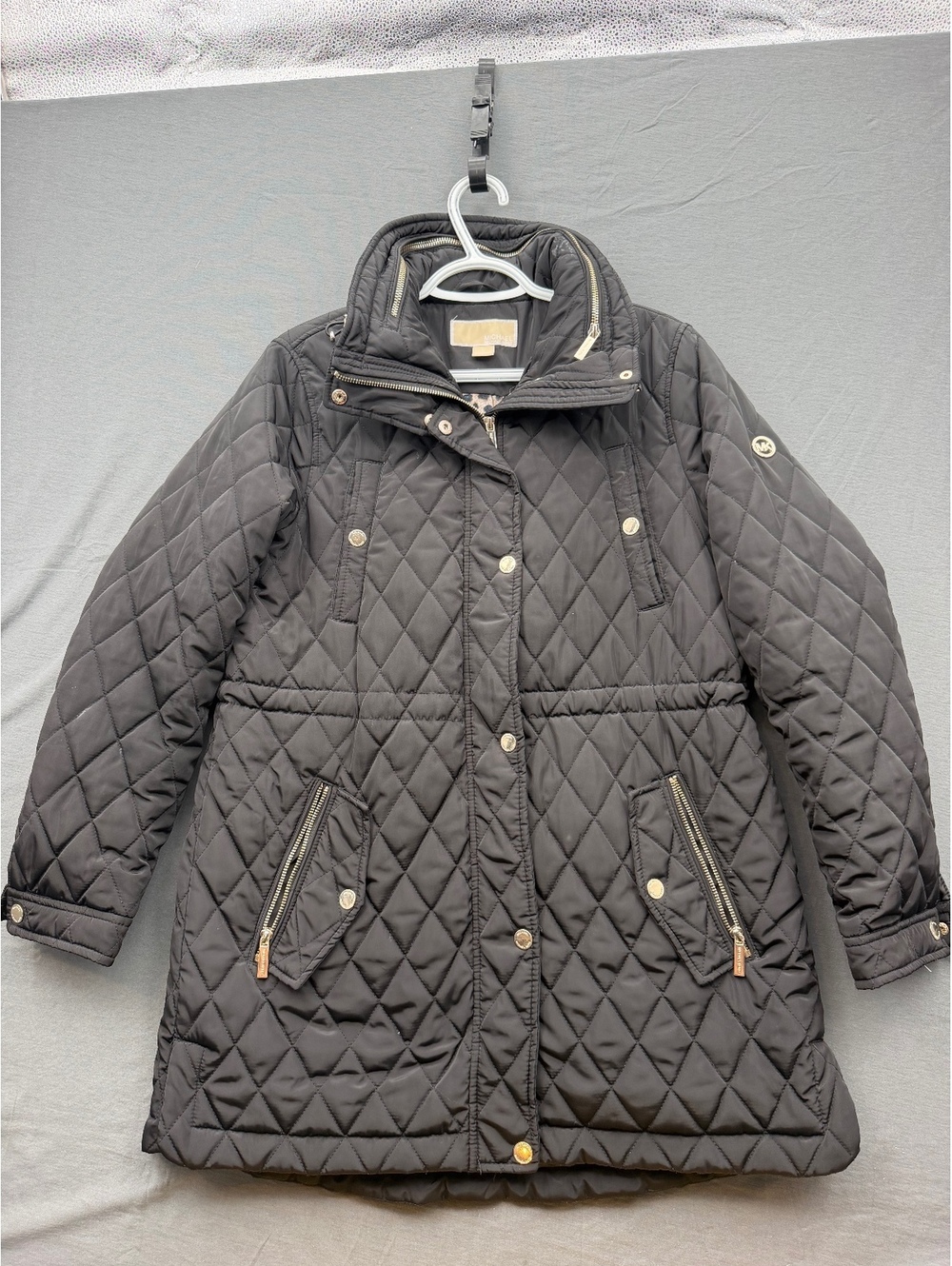 Michael Kors Black Quilted Long Coat with Leopard Print Lining